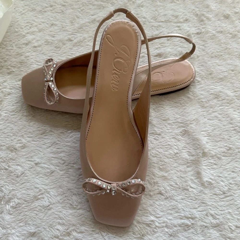 J. Crew Anya Slingback Blush Pink Satin Crystal Bow NWT